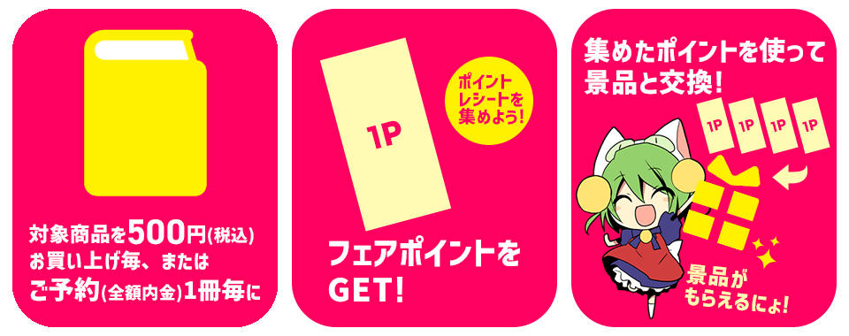 雑誌を含む書籍を1冊お買い上げごとに、フェアポイントを1ポイントゲット！ ポイントレシートを集めれば、店頭でポイントに応じた景品と交換できます♪